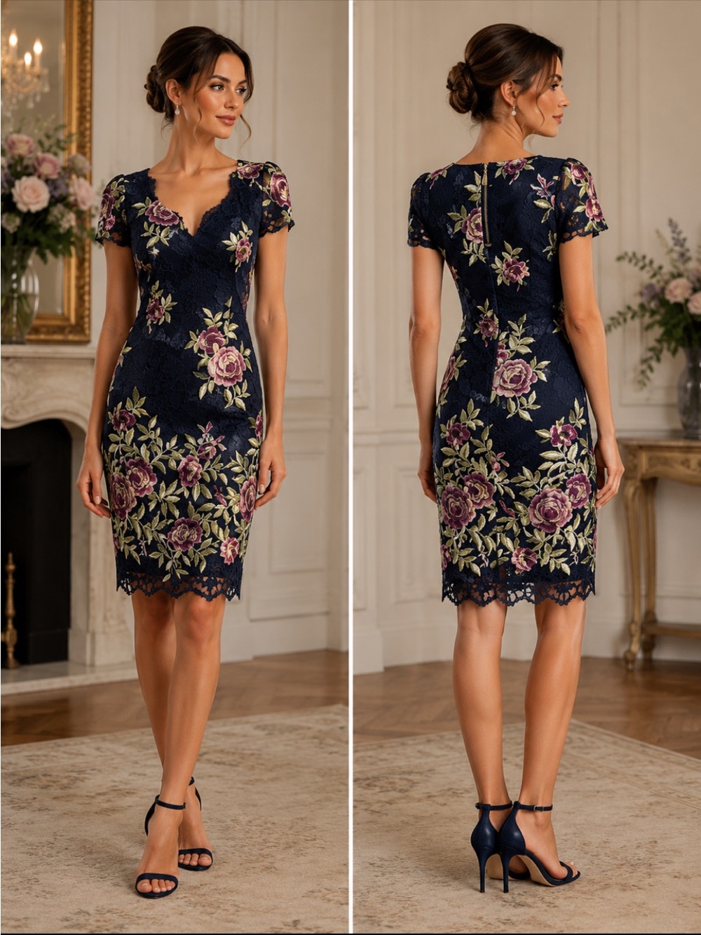 Aidan Mattox embellished short sleeves print lace cocktail dress